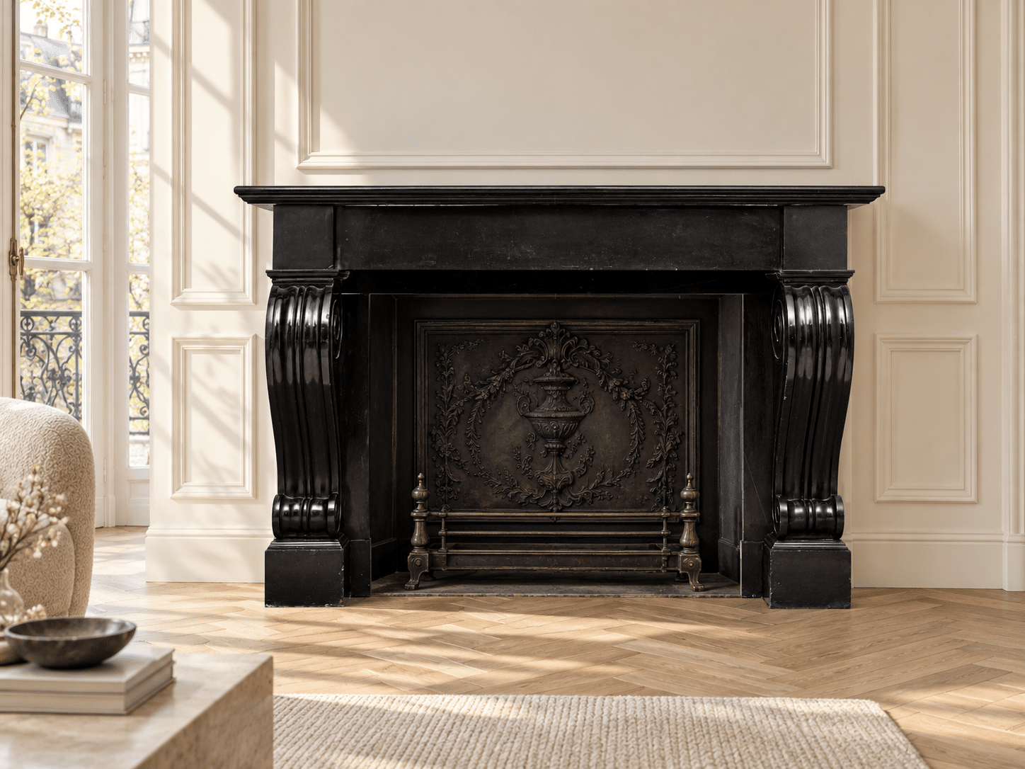 LOUIS PHILIPPE STYLE ANTIQUE BLACK MARBLE FIREPLACE