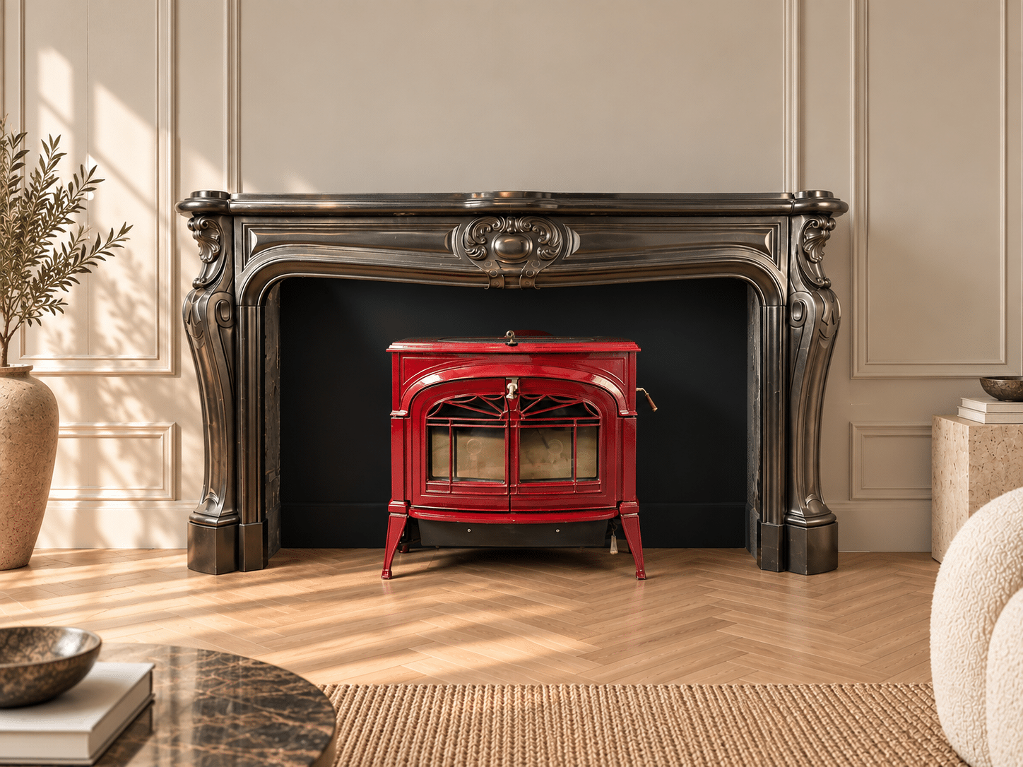 Magnificent Wide Louis XV Antique Circular Fireplace in Black Marble