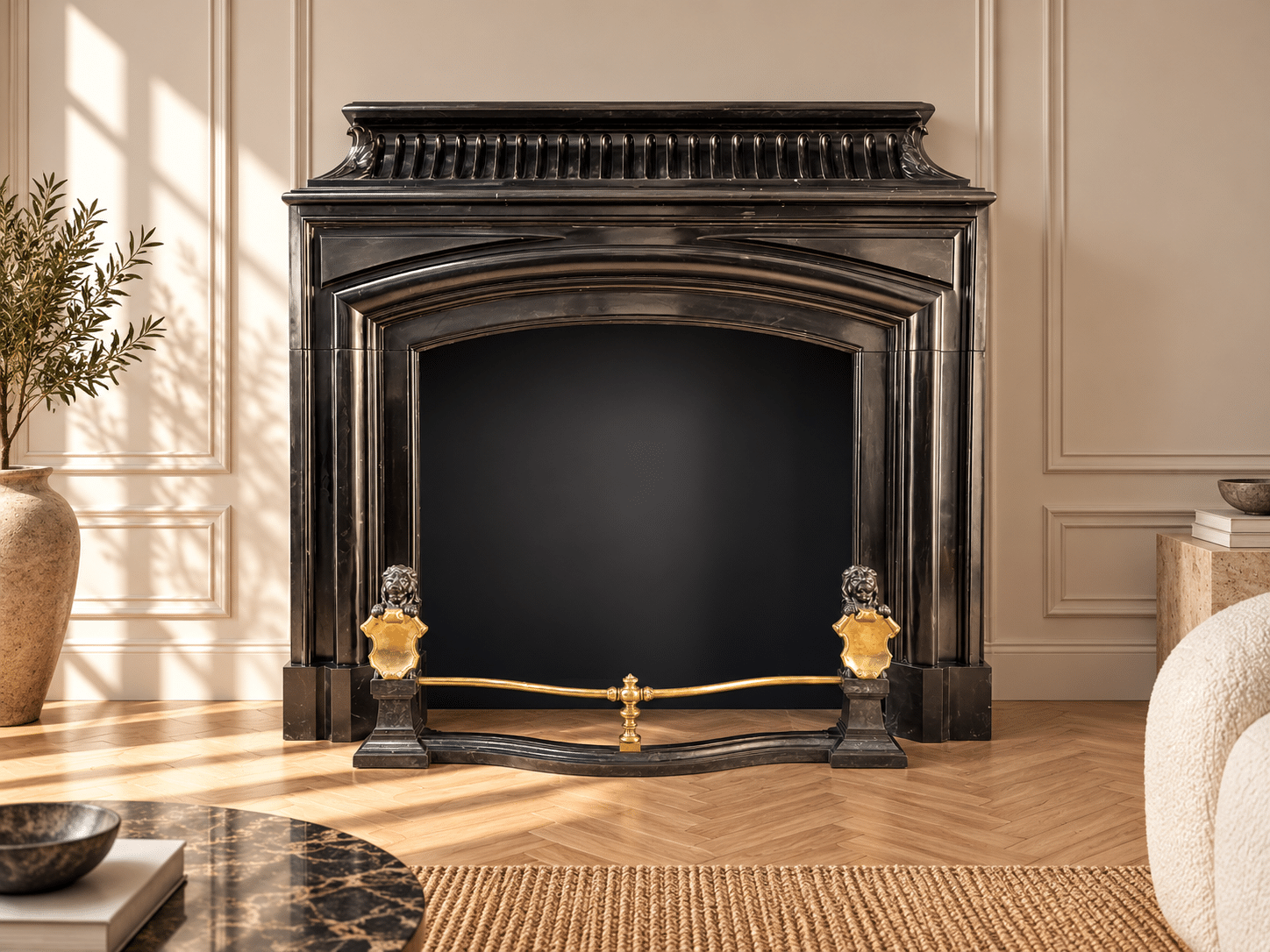 Beautiful Neoclassical Noir De Mazy Black Marble Antique Front Fireplace