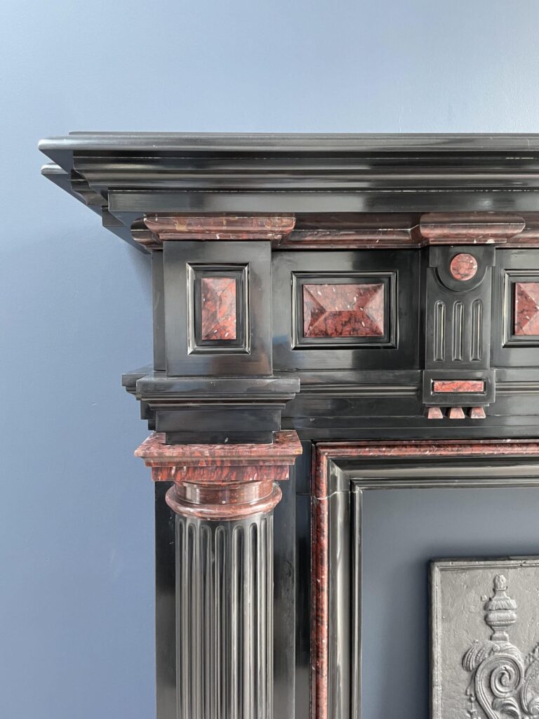 Incredible detailed Black and Rouge Marble Antique Fireplace surround
