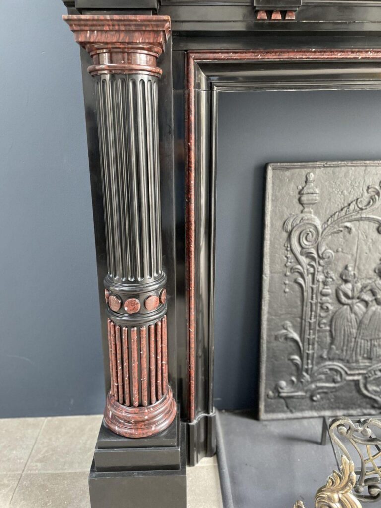 Incredible detailed Black and Rouge Marble Antique Fireplace surround