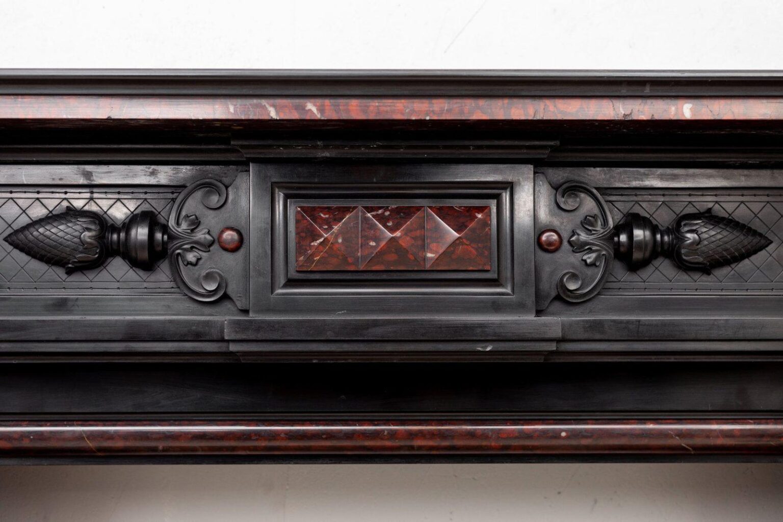 LOUIS XVI STYLE NOIR DE MAZY ANTQUE MARBLE FIREPLACE — detail 2