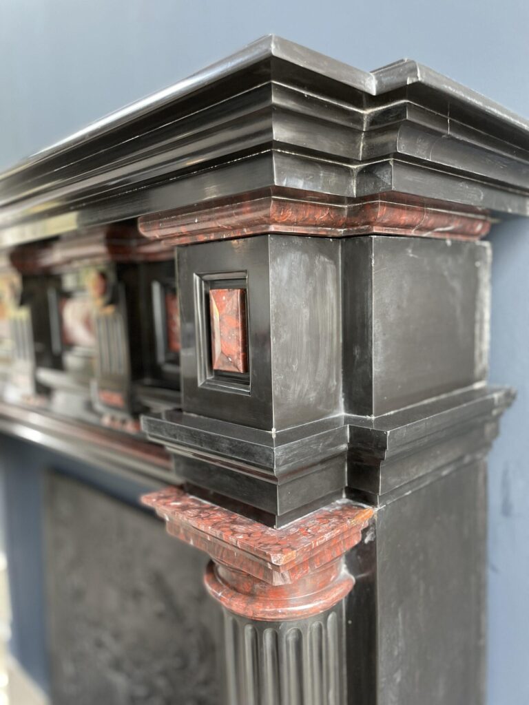 Incredible detailed Black and Rouge Marble Antique Fireplace surround