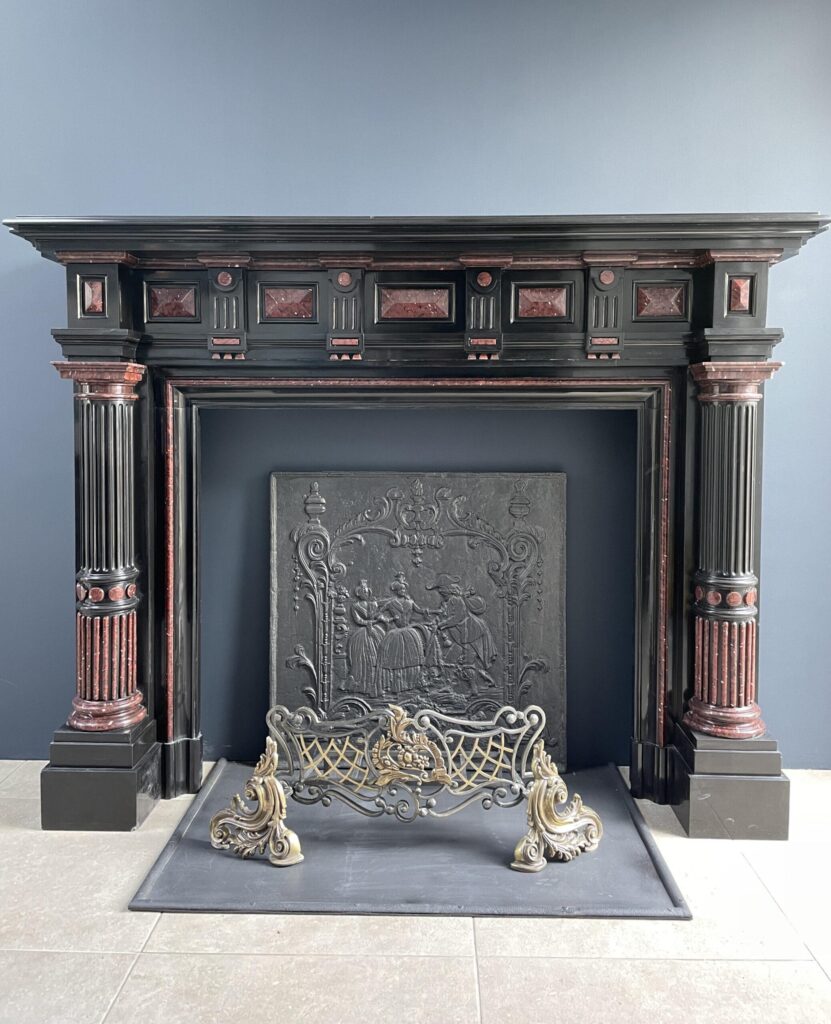 Incredible detailed Black and Rouge Marble Antique Fireplace surround