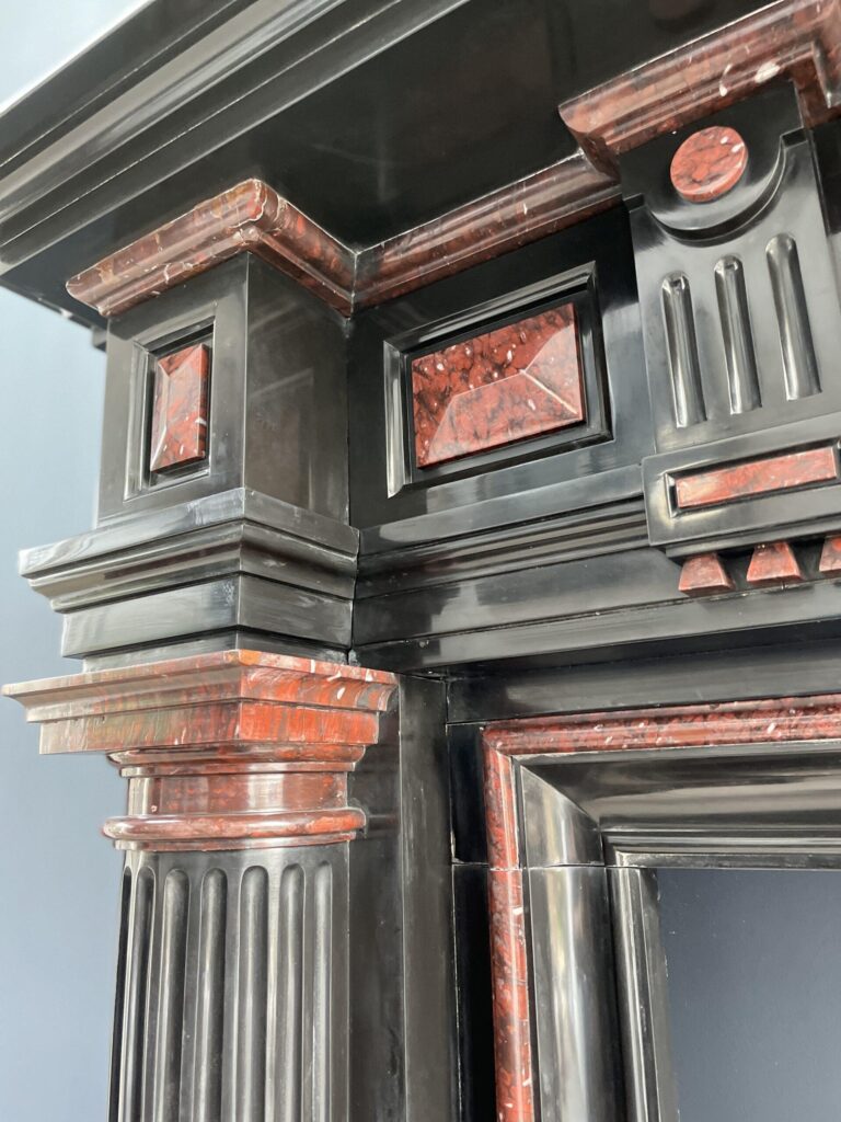 Incredible detailed Black and Rouge Marble Antique Fireplace surround