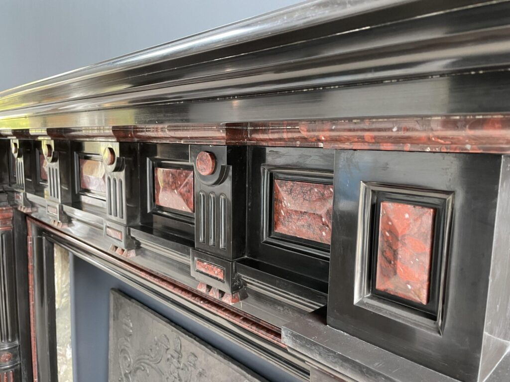 Incredible detailed Black and Rouge Marble Antique Fireplace surround