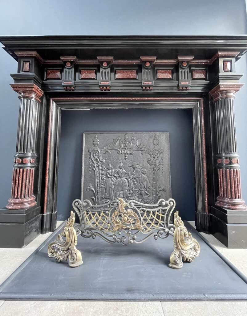 Incredible detailed Black and Rouge Marble Antique Fireplace surround