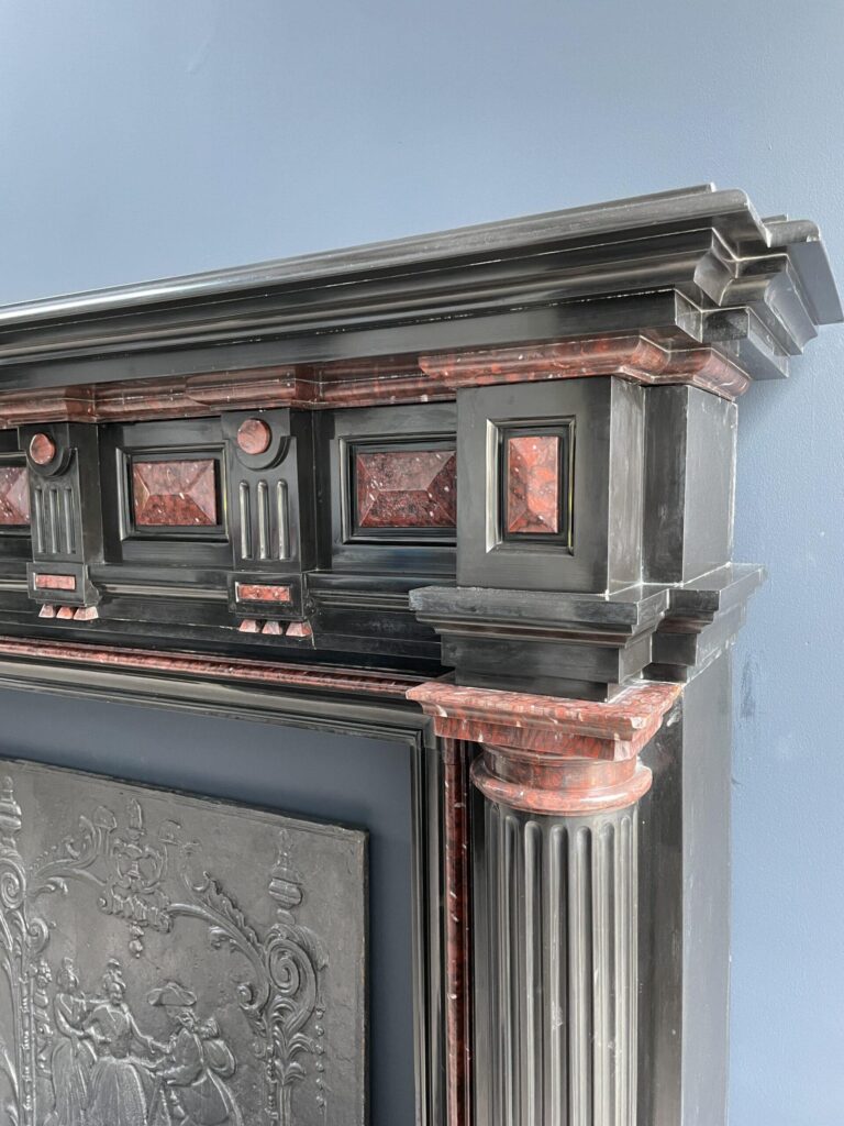 Incredible detailed Black and Rouge Marble Antique Fireplace surround