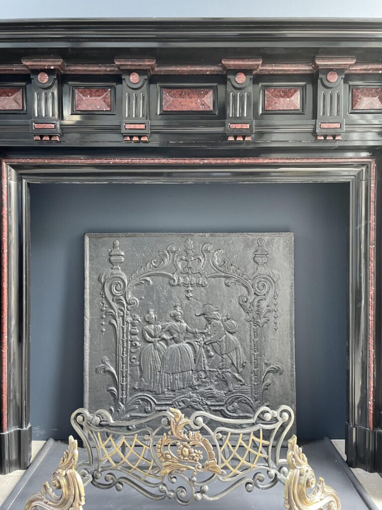 Incredible detailed Black and Rouge Marble Antique Fireplace surround