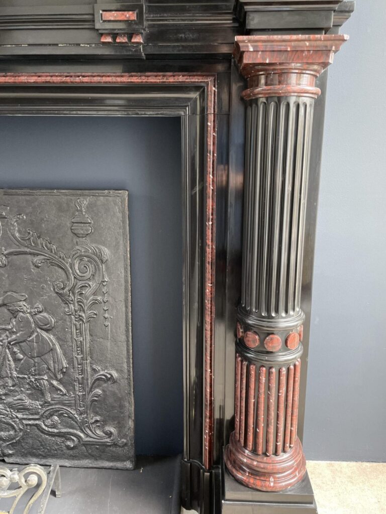 Incredible detailed Black and Rouge Marble Antique Fireplace surround