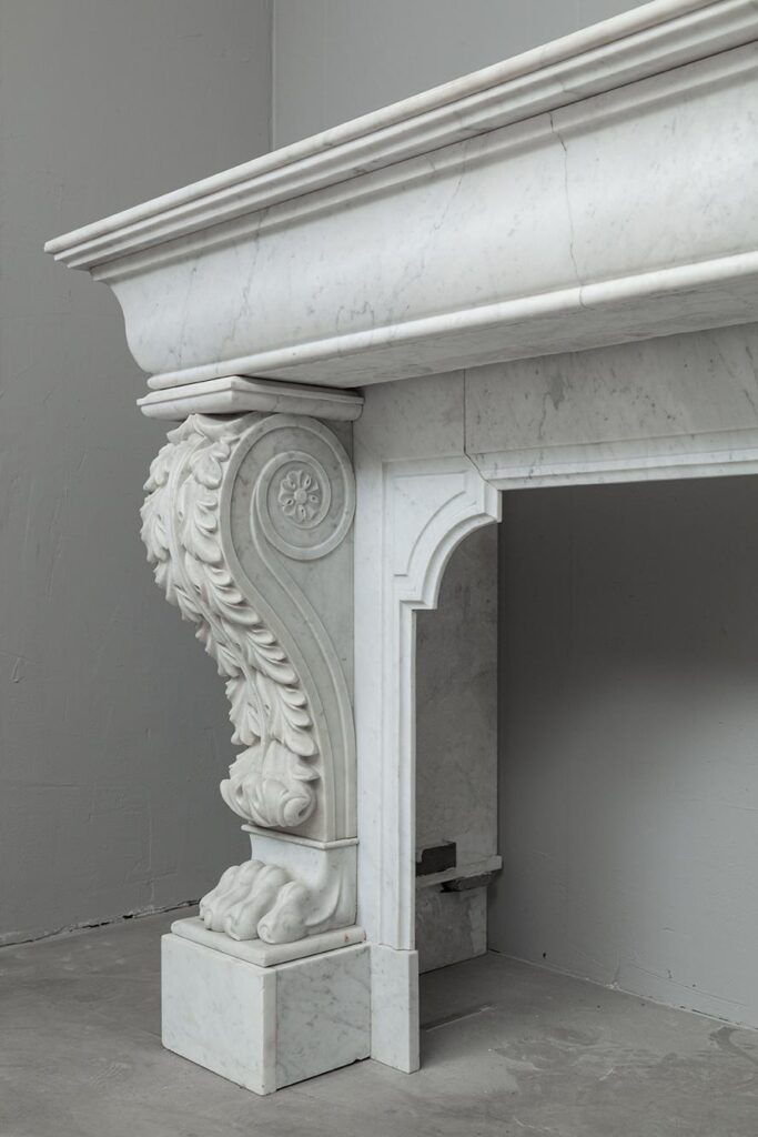 LOUIS XV CARRARA WHITE MARBLE ANTIQUE FIREPLACE