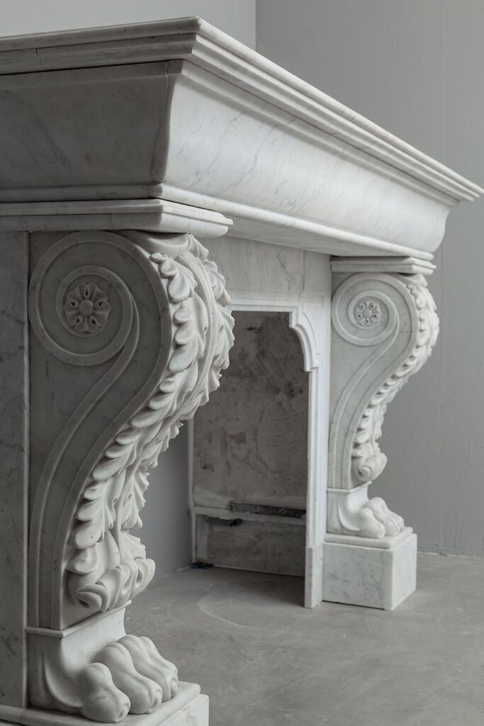LOUIS XV CARRARA WHITE MARBLE ANTIQUE FIREPLACE