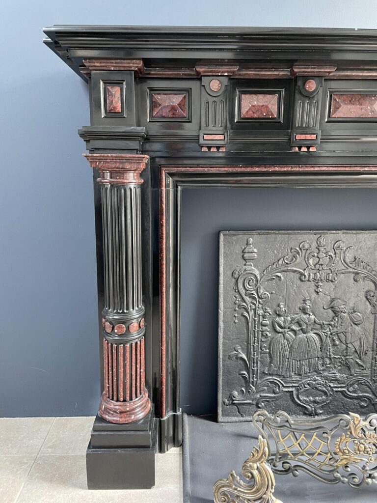 Incredible detailed Black and Rouge Marble Antique Fireplace surround