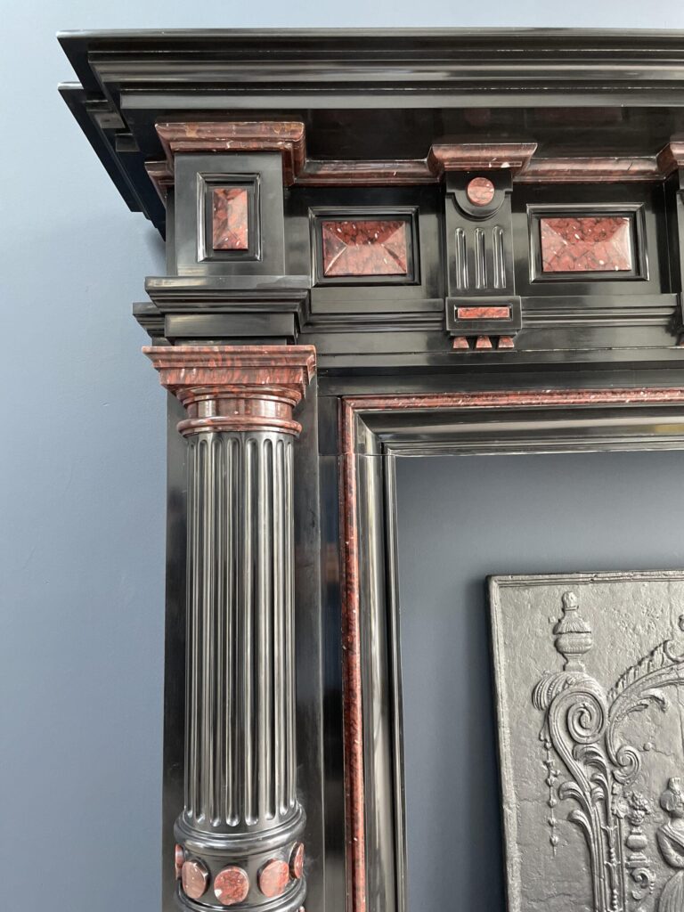 Incredible detailed Black and Rouge Marble Antique Fireplace surround