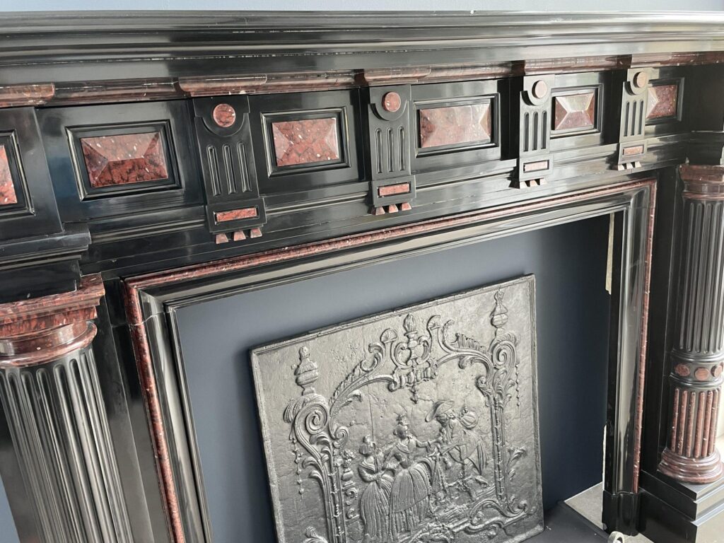 Incredible detailed Black and Rouge Marble Antique Fireplace surround
