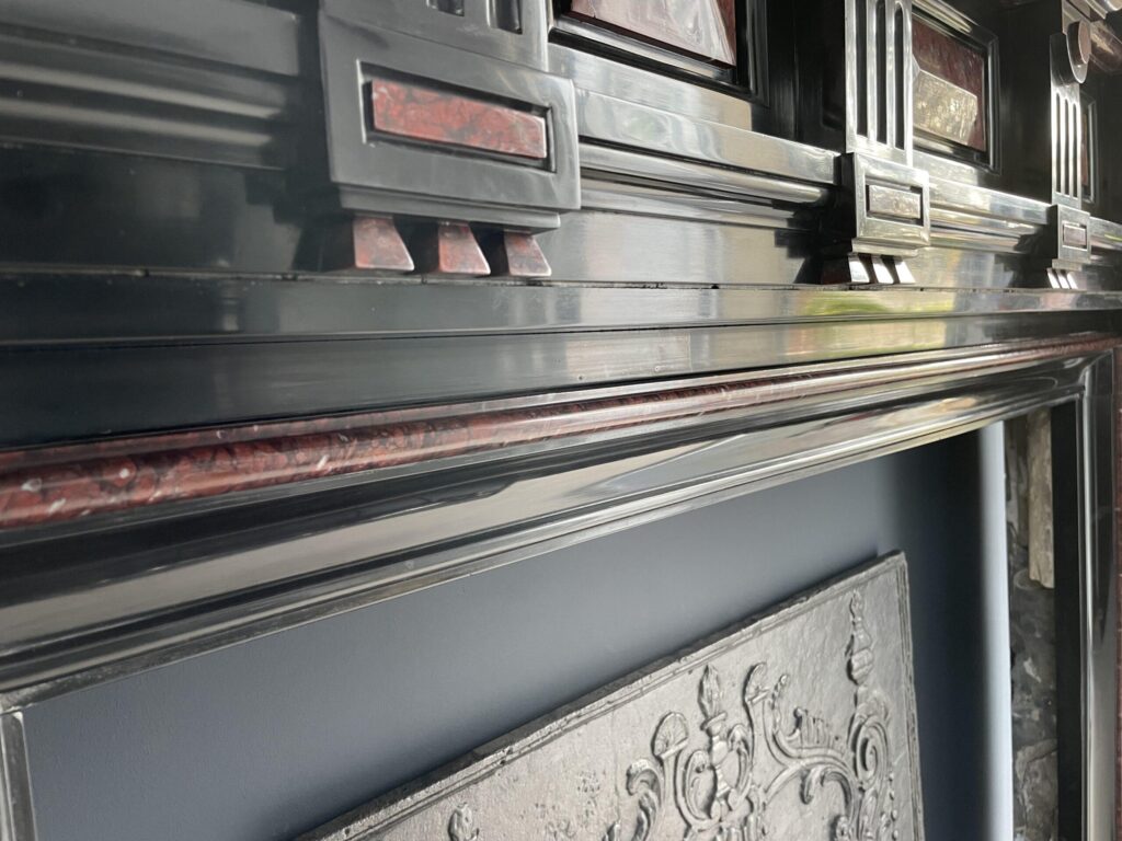 Incredible detailed Black and Rouge Marble Antique Fireplace surround