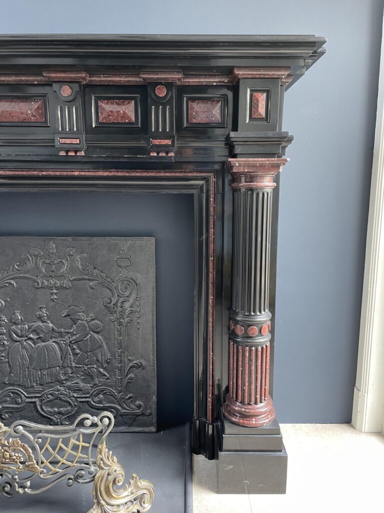 Incredible detailed Black and Rouge Marble Antique Fireplace surround