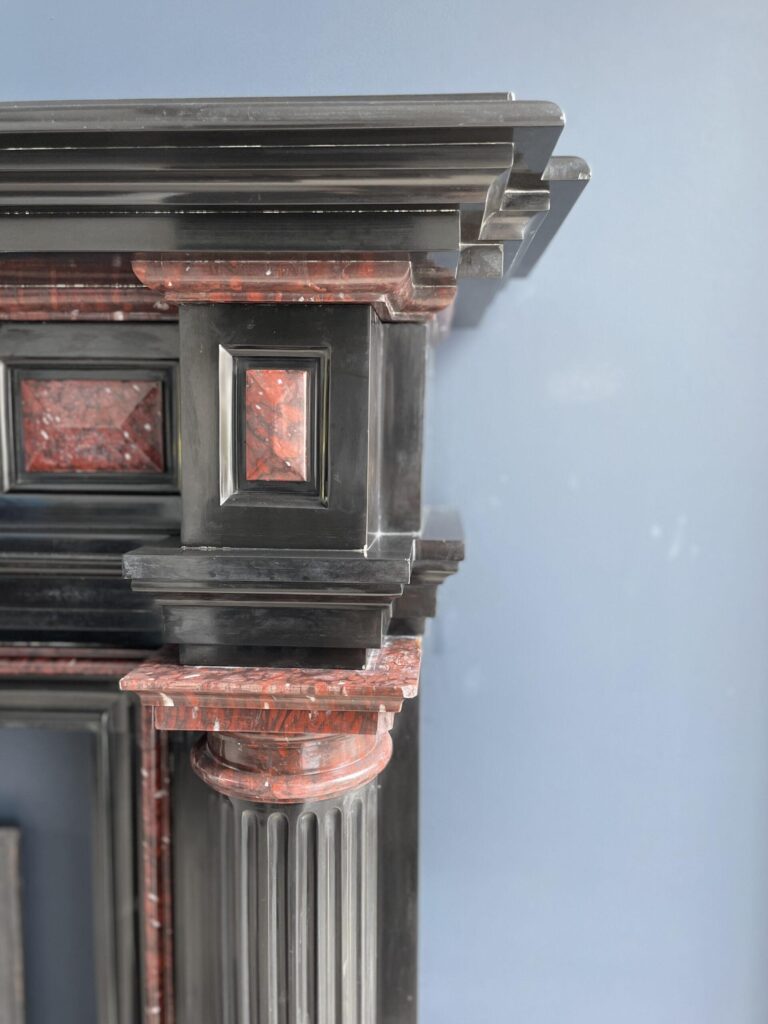 Incredible detailed Black and Rouge Marble Antique Fireplace surround