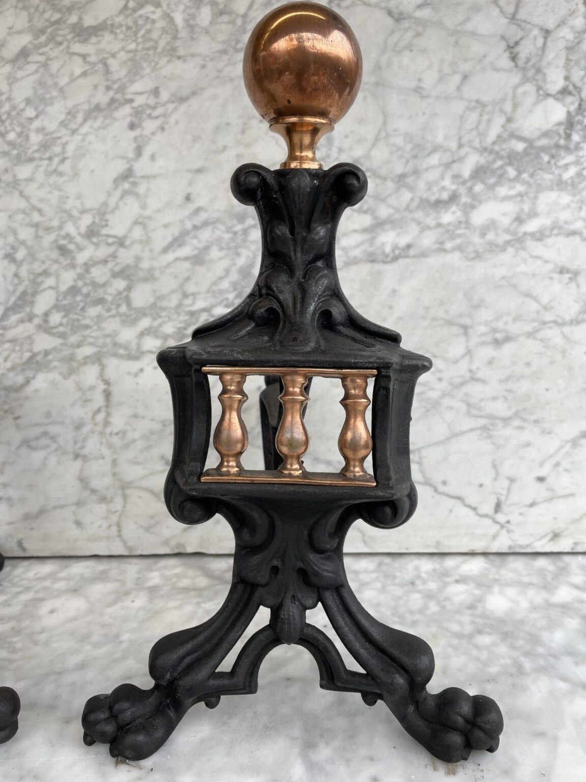 Beautiful Set of Antique French Andirons in Cast Iron and Copper — detail 2