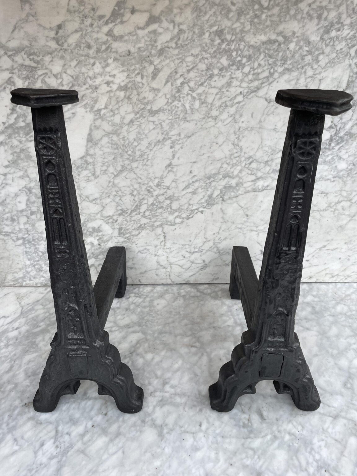Set of Antique French Tall Cast-Iron Andirons — detail 1