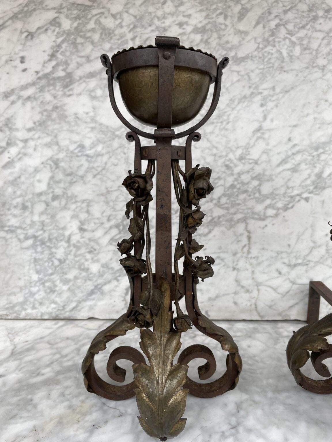 Unique Set of Antique French Andirons — detail 1