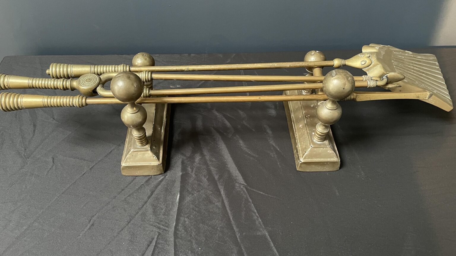 Set of Antique French Andirons with Fireplace Tool Set — detail 2