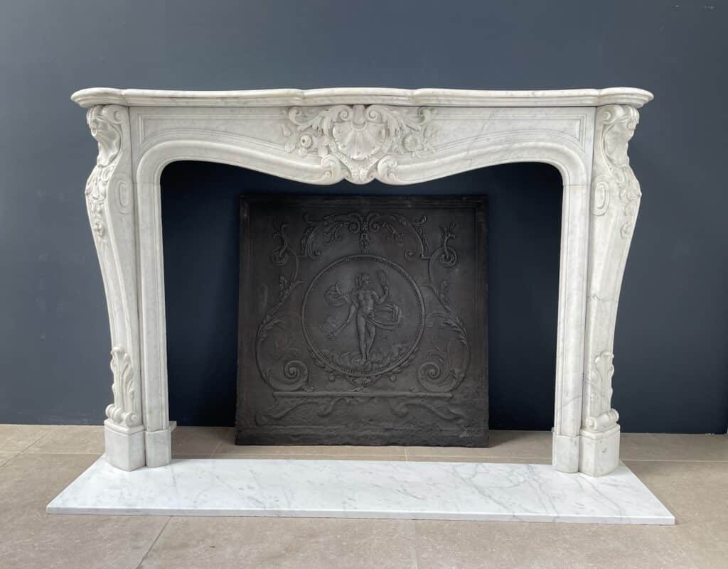 Luxurious French Antique Front Fireplace in Carrara Marble with Floor Plate