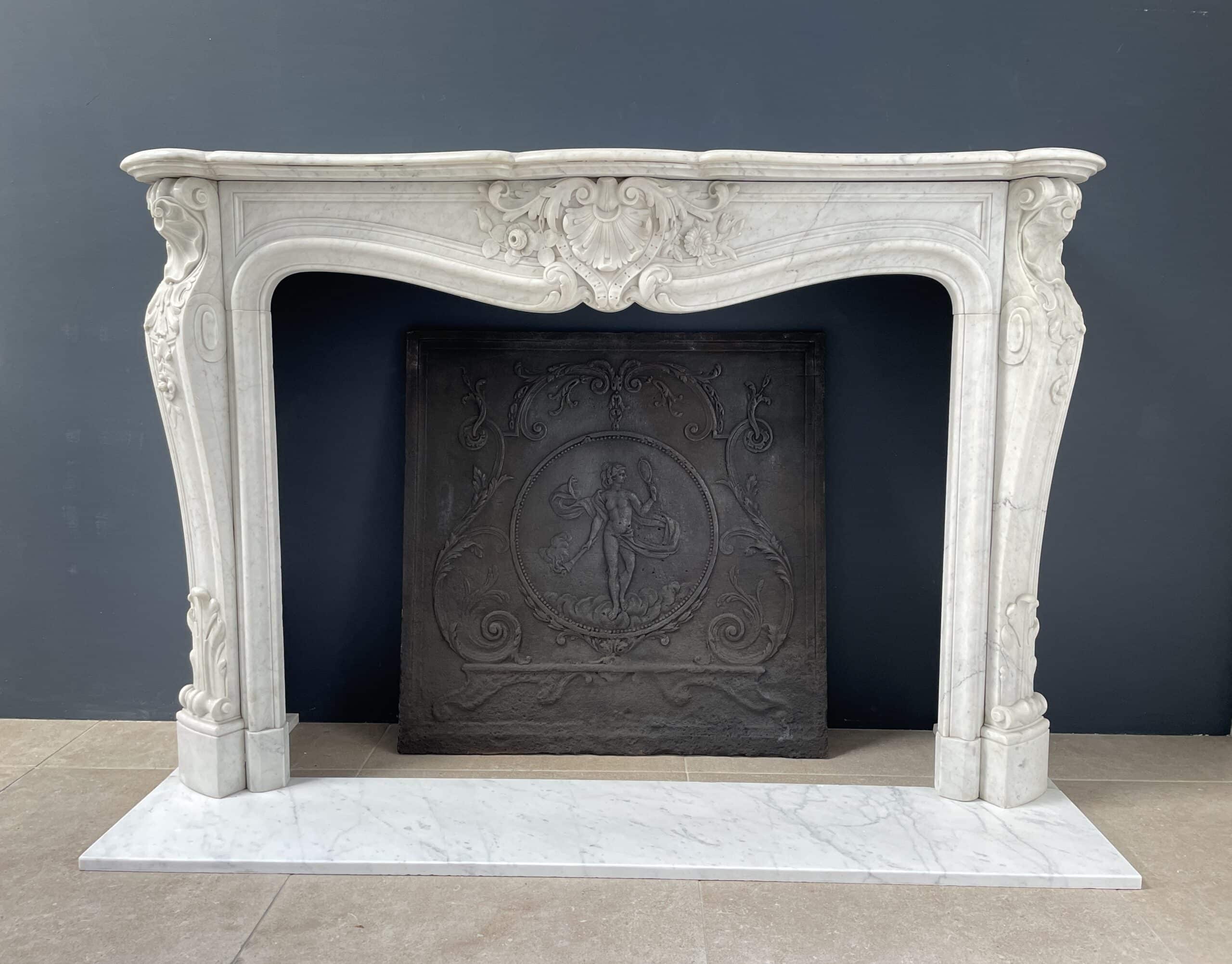 Luxurious French Antique Front Fireplace in Carrara Marble with Floor Plate