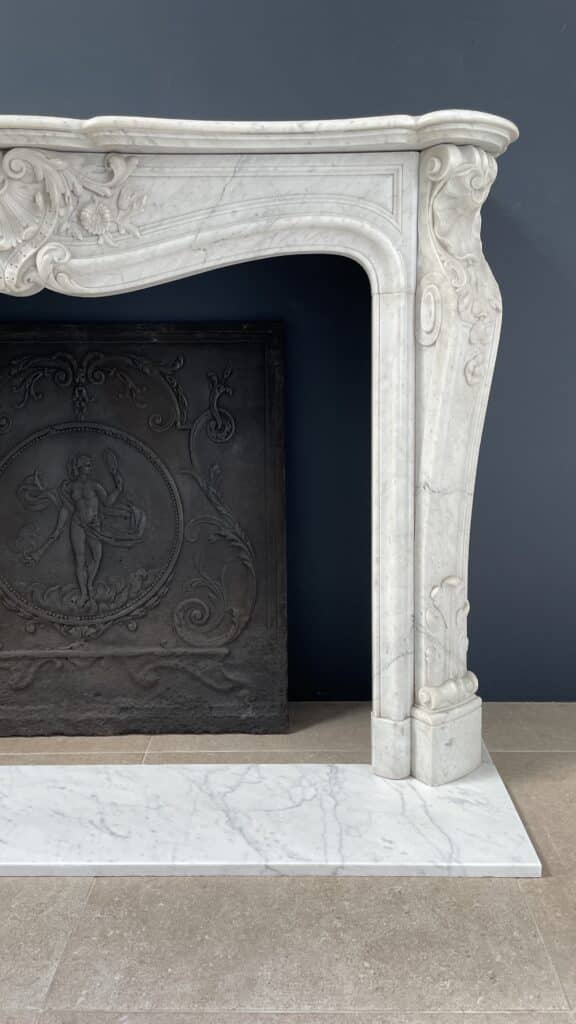 Luxurious French Antique Front Fireplace in Carrara Marble with Floor Plate