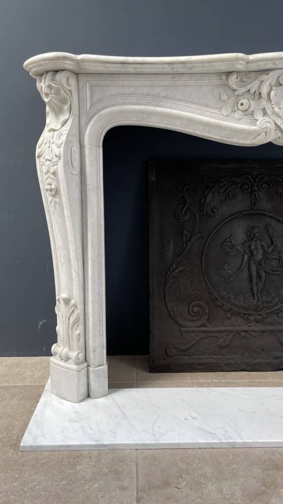 Luxurious French Antique Front Fireplace in Carrara Marble with Floor Plate
