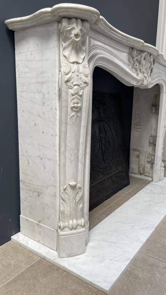 Luxurious French Antique Front Fireplace in Carrara Marble with Floor Plate