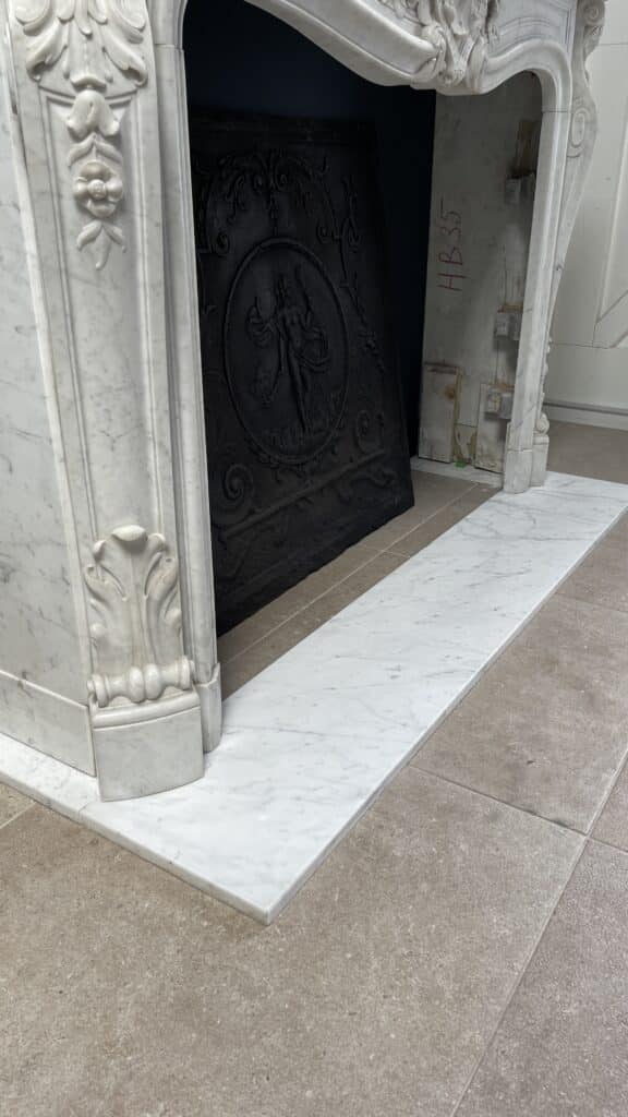 Luxurious French Antique Front Fireplace in Carrara Marble with Floor Plate