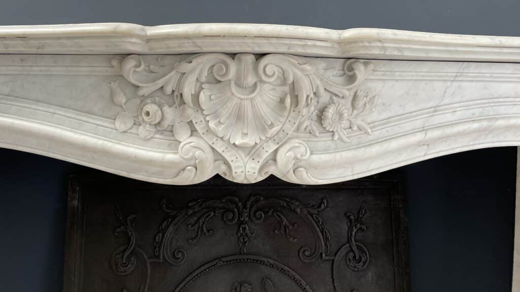 Luxurious French Antique Front Fireplace in Carrara Marble with Floor Plate