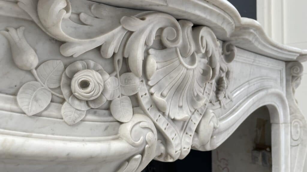 Luxurious French Antique Front Fireplace in Carrara Marble with Floor Plate
