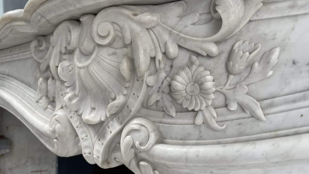 Luxurious French Antique Front Fireplace in Carrara Marble with Floor Plate