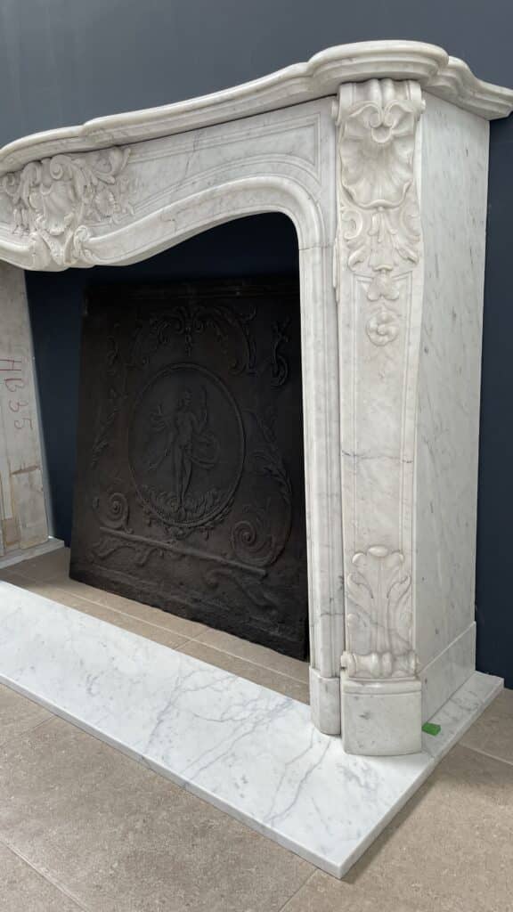 Luxurious French Antique Front Fireplace in Carrara Marble with Floor Plate