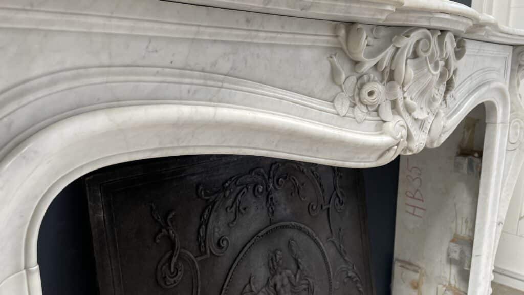 Luxurious French Antique Front Fireplace in Carrara Marble with Floor Plate