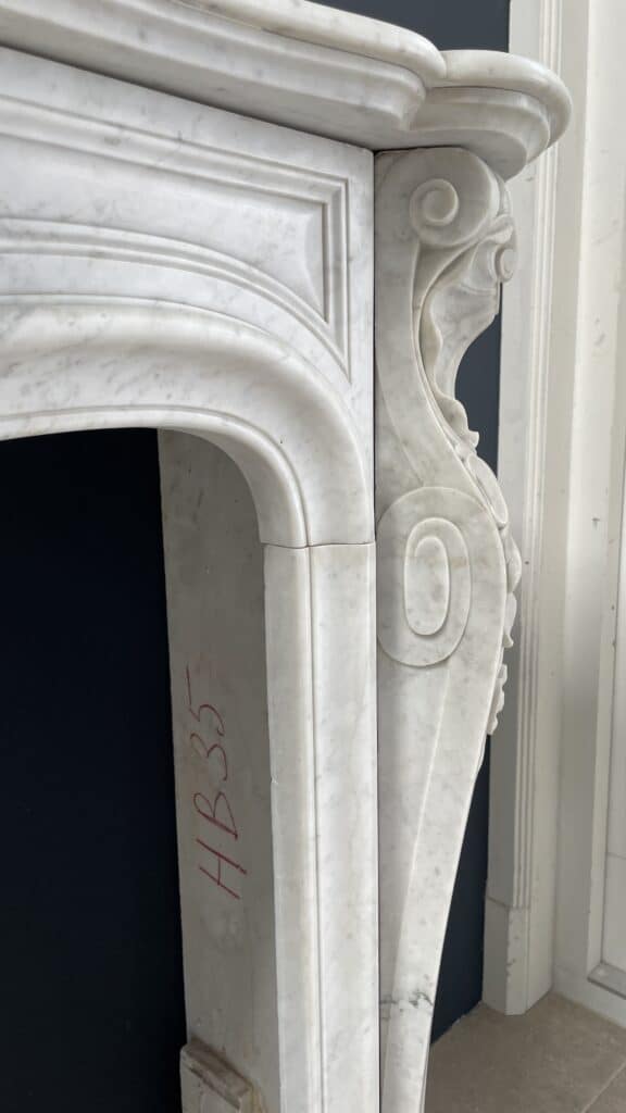Luxurious French Antique Front Fireplace in Carrara Marble with Floor Plate