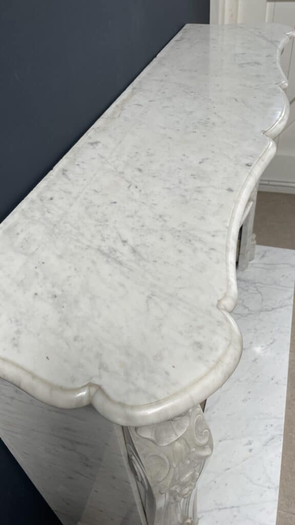 Luxurious French Antique Front Fireplace in Carrara Marble with Floor Plate