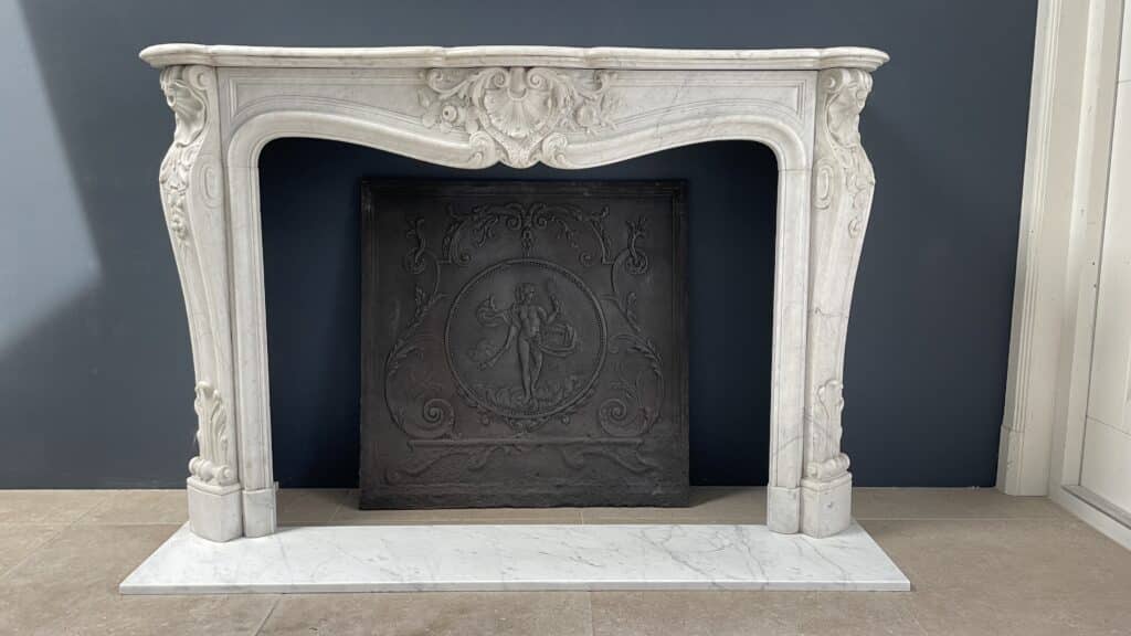 Luxurious French Antique Front Fireplace in Carrara Marble with Floor Plate