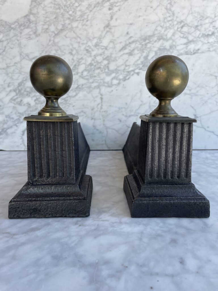 Set of Antique Andirons in Cast Iron and Brass