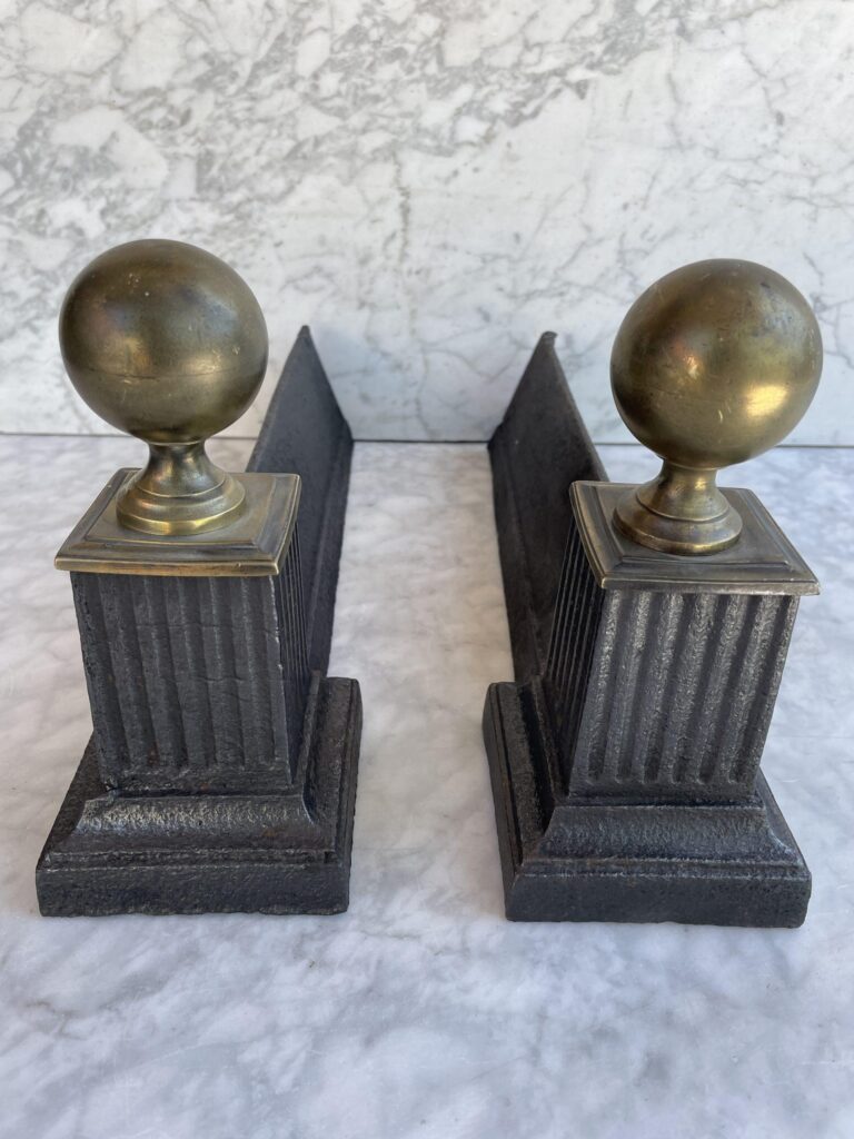Set of Antique Andirons in Cast Iron and Brass