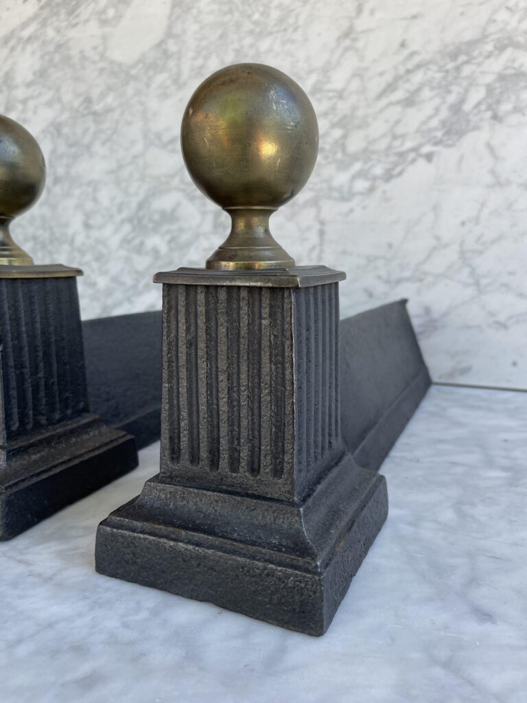 Set of Antique Andirons in Cast Iron and Brass