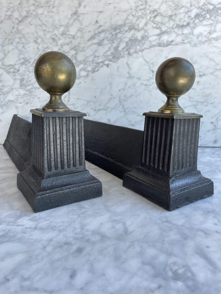 Set of Antique Andirons in Cast Iron and Brass