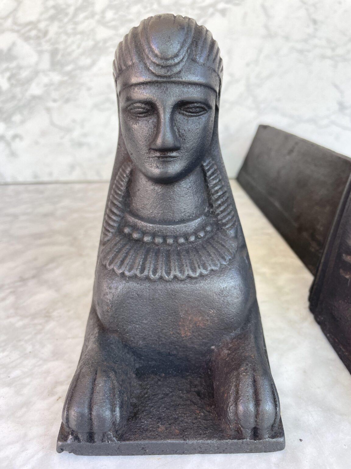 Set of Antique Cast-Iron Andirons, Sphinx — detail 2