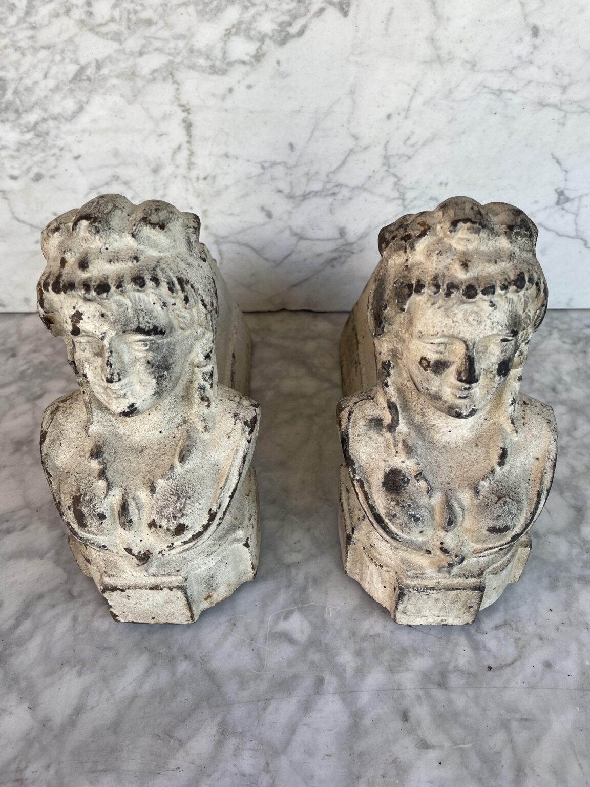 Set of Antique French White Cast-Iron Andirons — detail 1