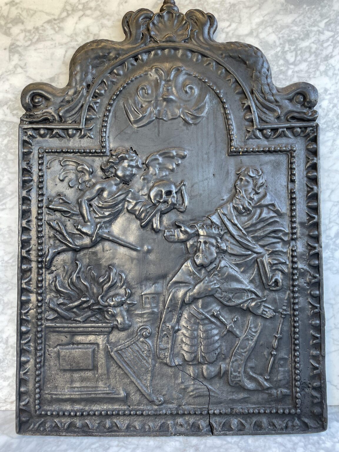 Antique Cast-Iron Fireback with Figurative Scene
