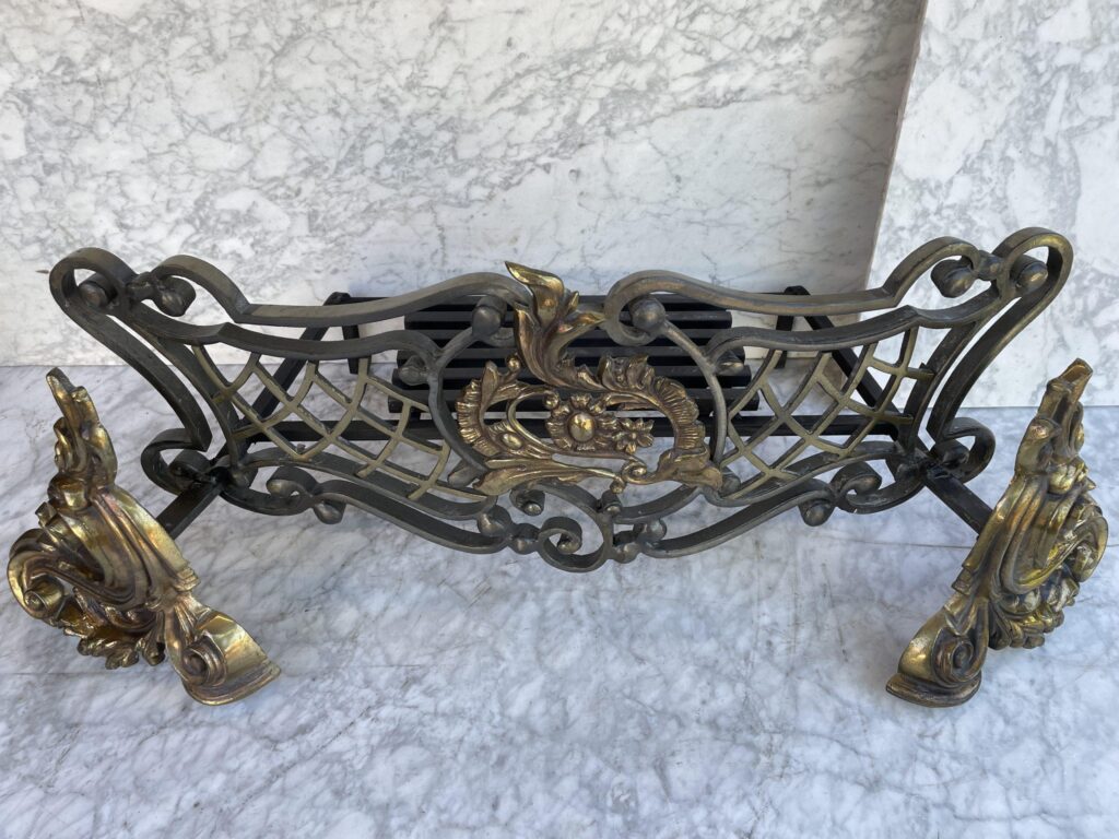 Antique Cast-Iron Fire Basket with Gilded Ornamentation