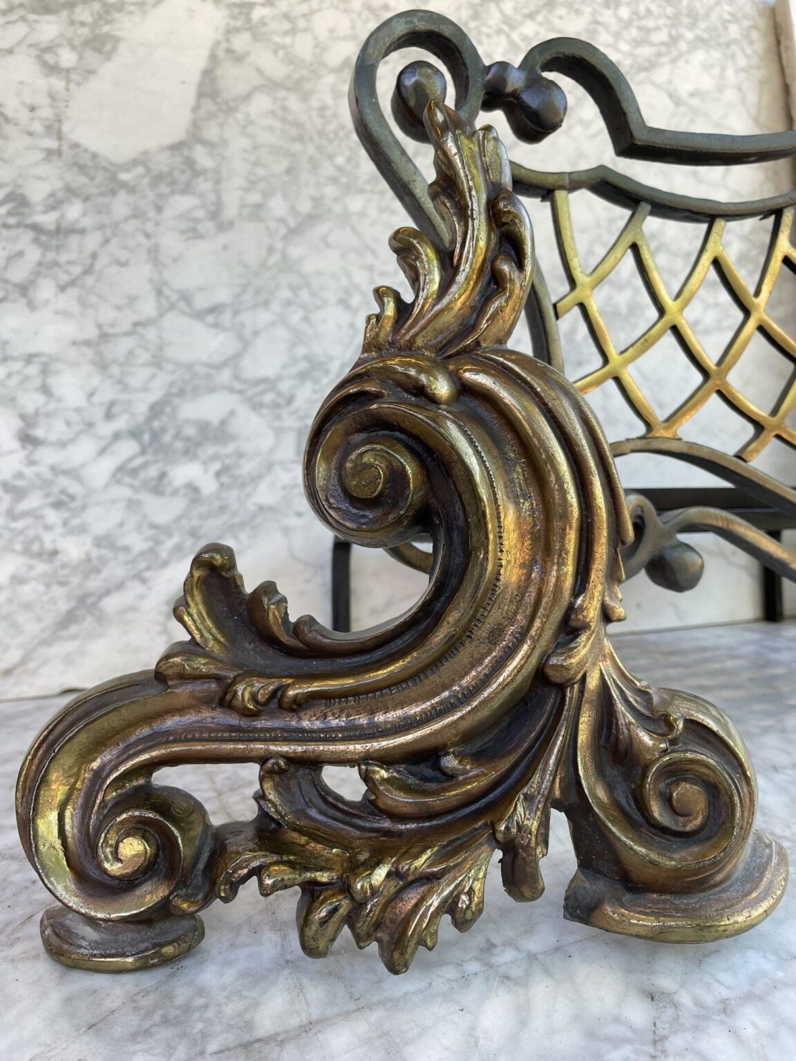 Antique Cast-Iron Fire Basket with Gilded Ornamentation — detail 2