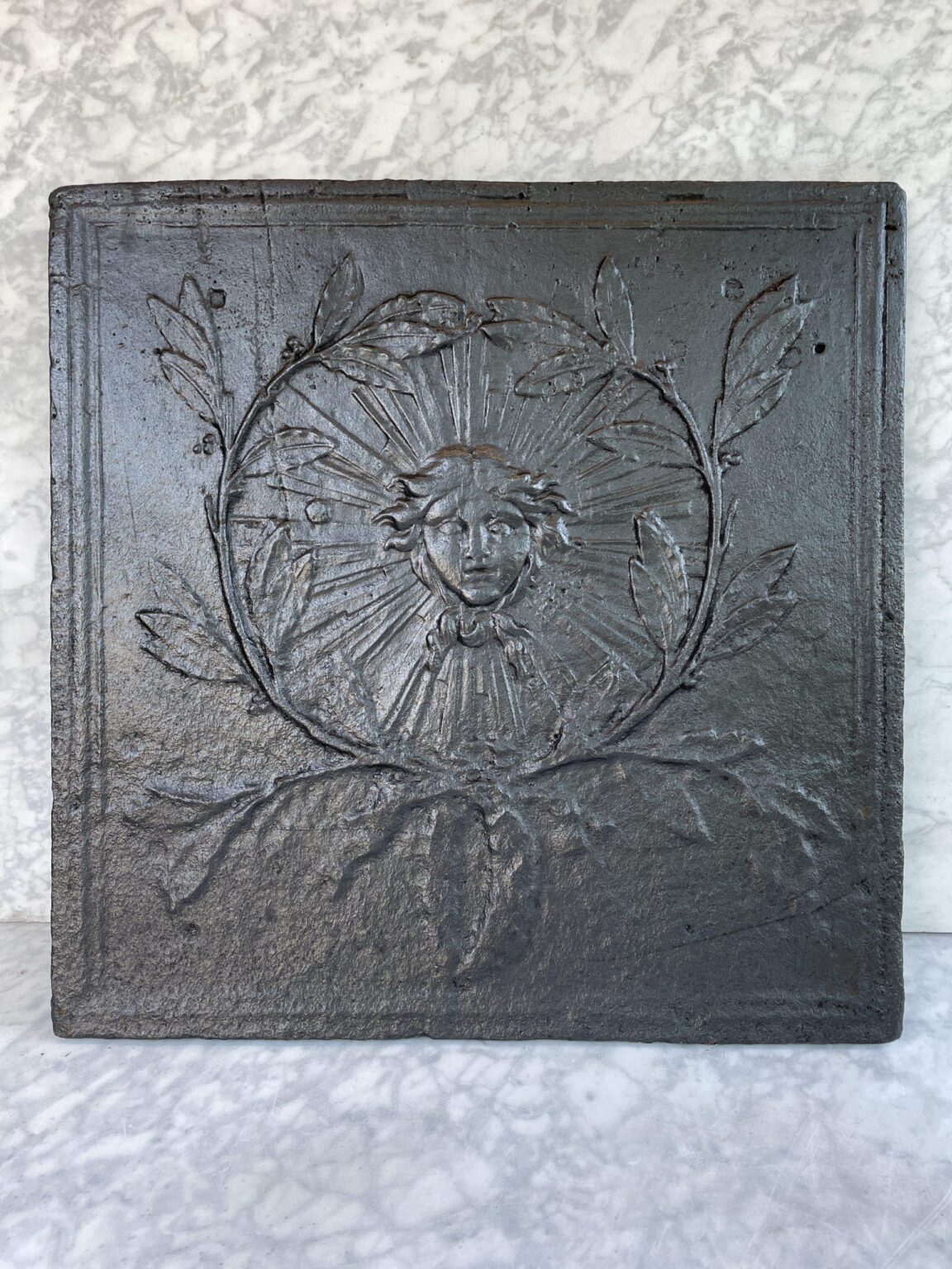 Antique Cast-Iron Fireback with Sun Motif